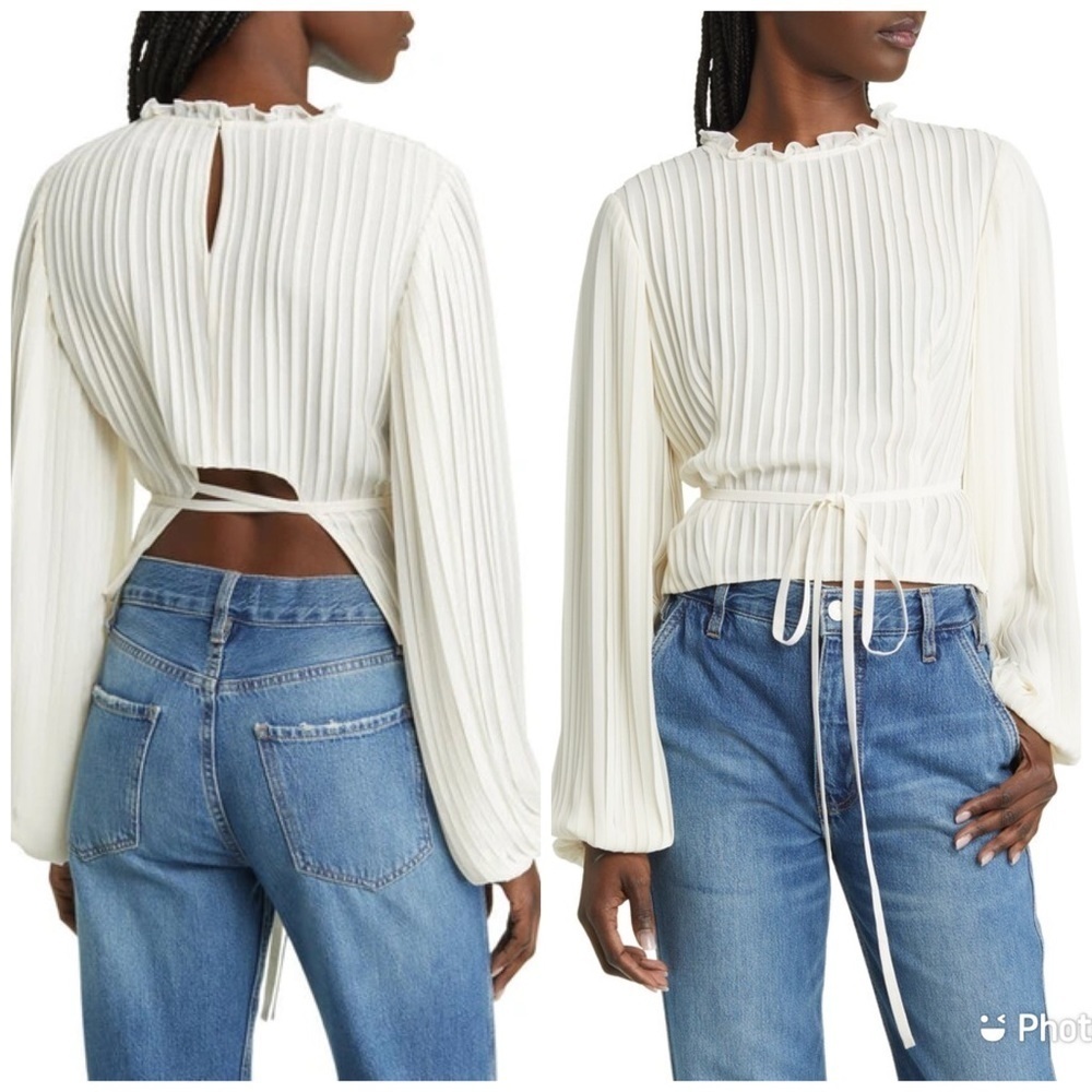 FRAME Waist Toe Cutout Top Blouse Pleated Ivory Cream Ruffle Sz S